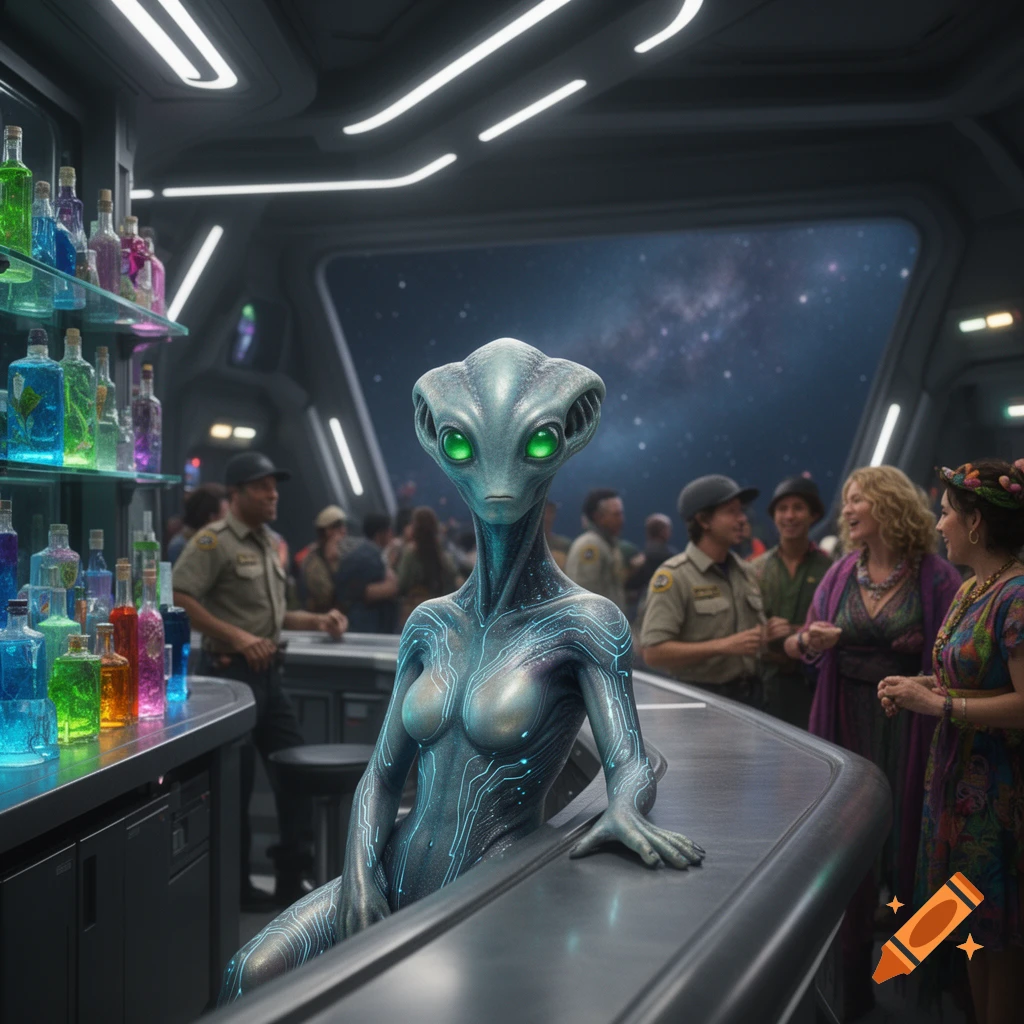 A humanoid alien with glowing green eyes and blue circuit-like patterns on its body leans on a bar inside a futuristic space station.