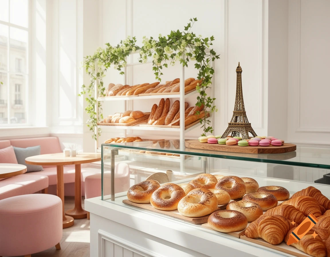 Bright, photorealistic cafe interior with a glass counter displaying bagels and croissants, a decorative Eiffel Tower with macarons, and shelves of bread, with pink seating by a window.