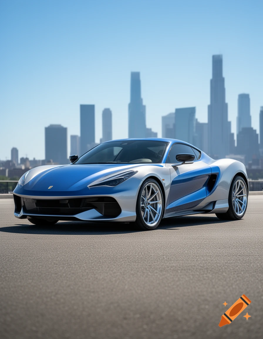 A sleek blue and silver sports car parked on asphalt with a blurred city skyline under a clear sky.