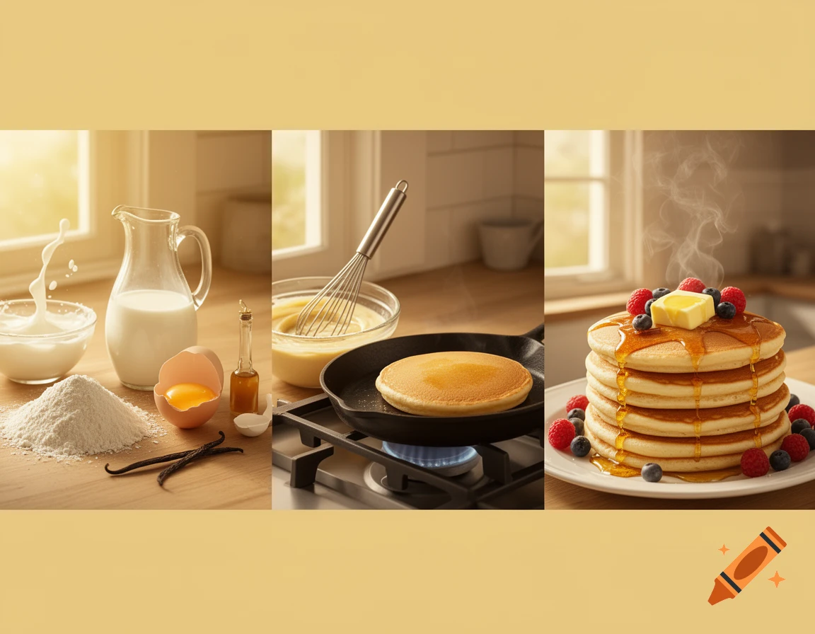 Three-panel image showing the process of making pancakes: ingredients, cooking on a stove, and a final stack with berries and syrup.