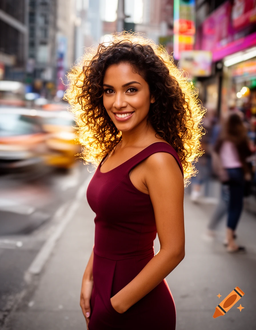 A smiling woman with curly brown hair in a maroon dress stands on a sunny city street with blurred buildings and traffic.
