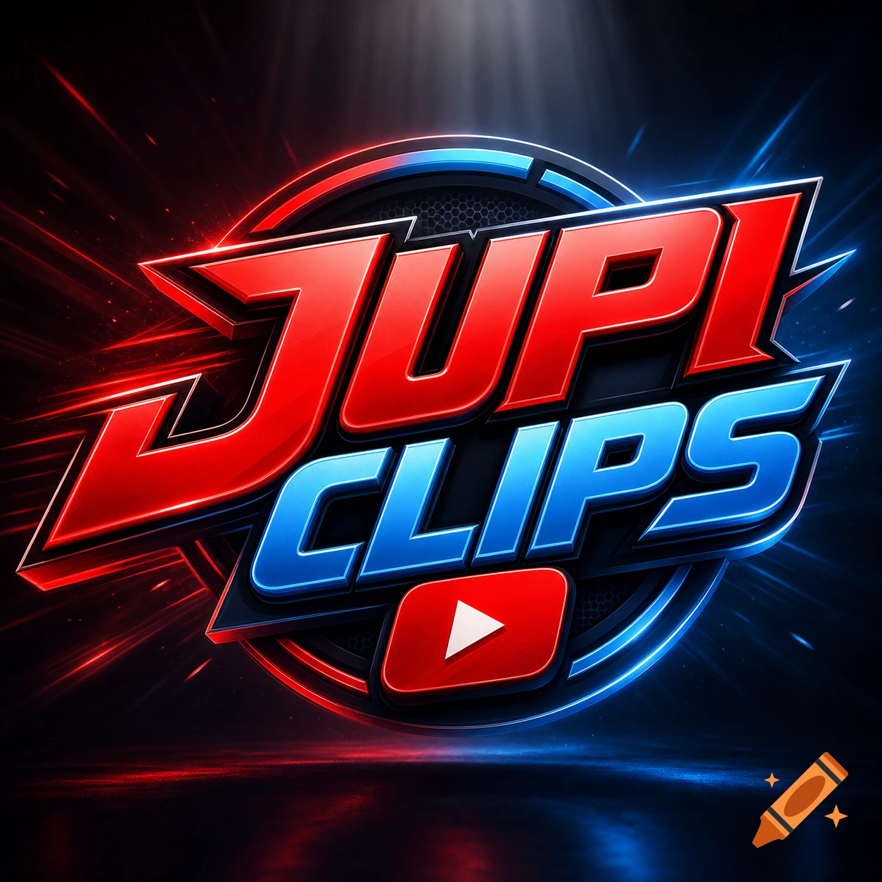 Bold red and blue neon logo for JUPI CLIPS featuring a YouTube play button against a dark, glowing background.