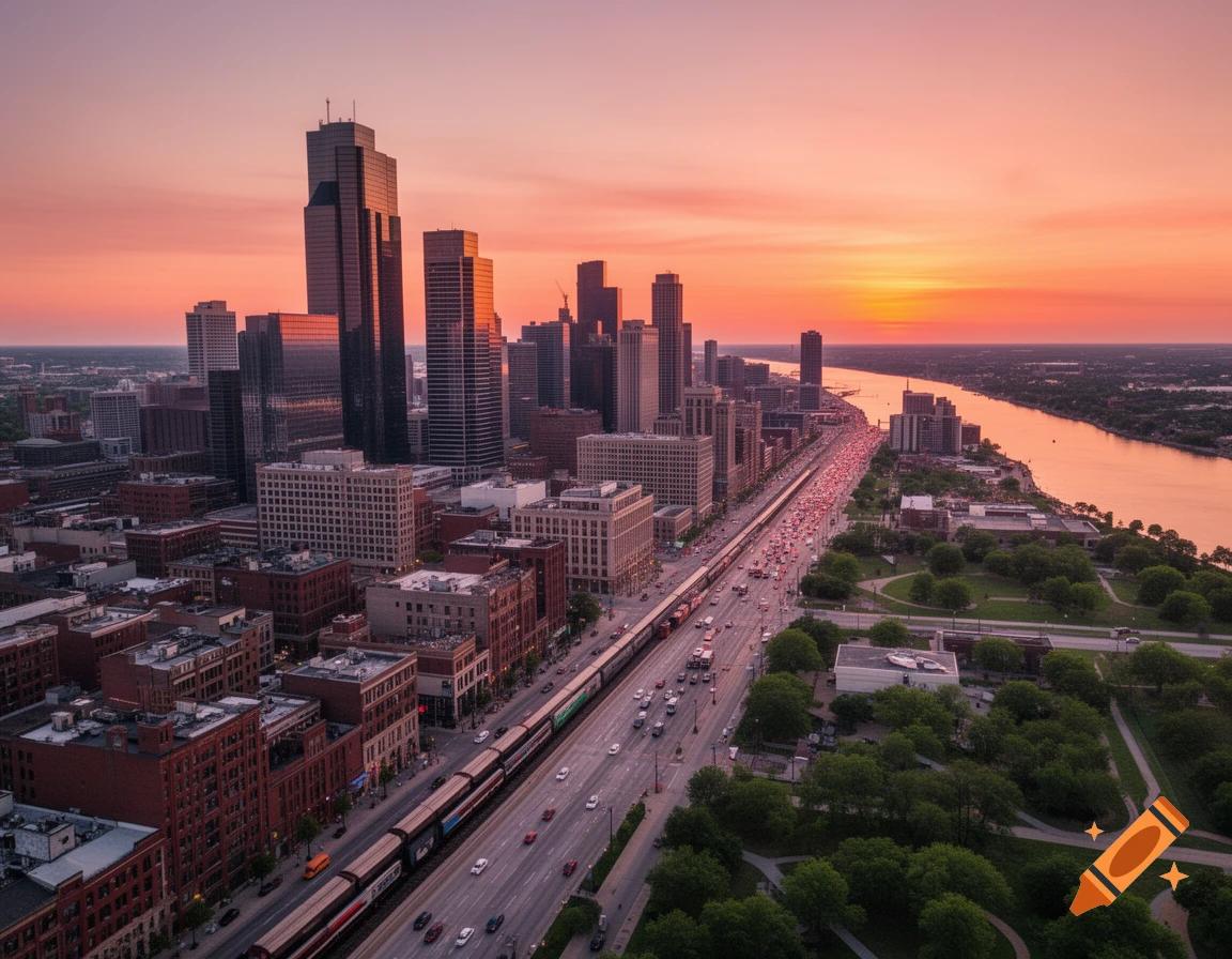 Aerial view of a city skyline at sunset, with a river, busy highway, and train tracks running through it.
