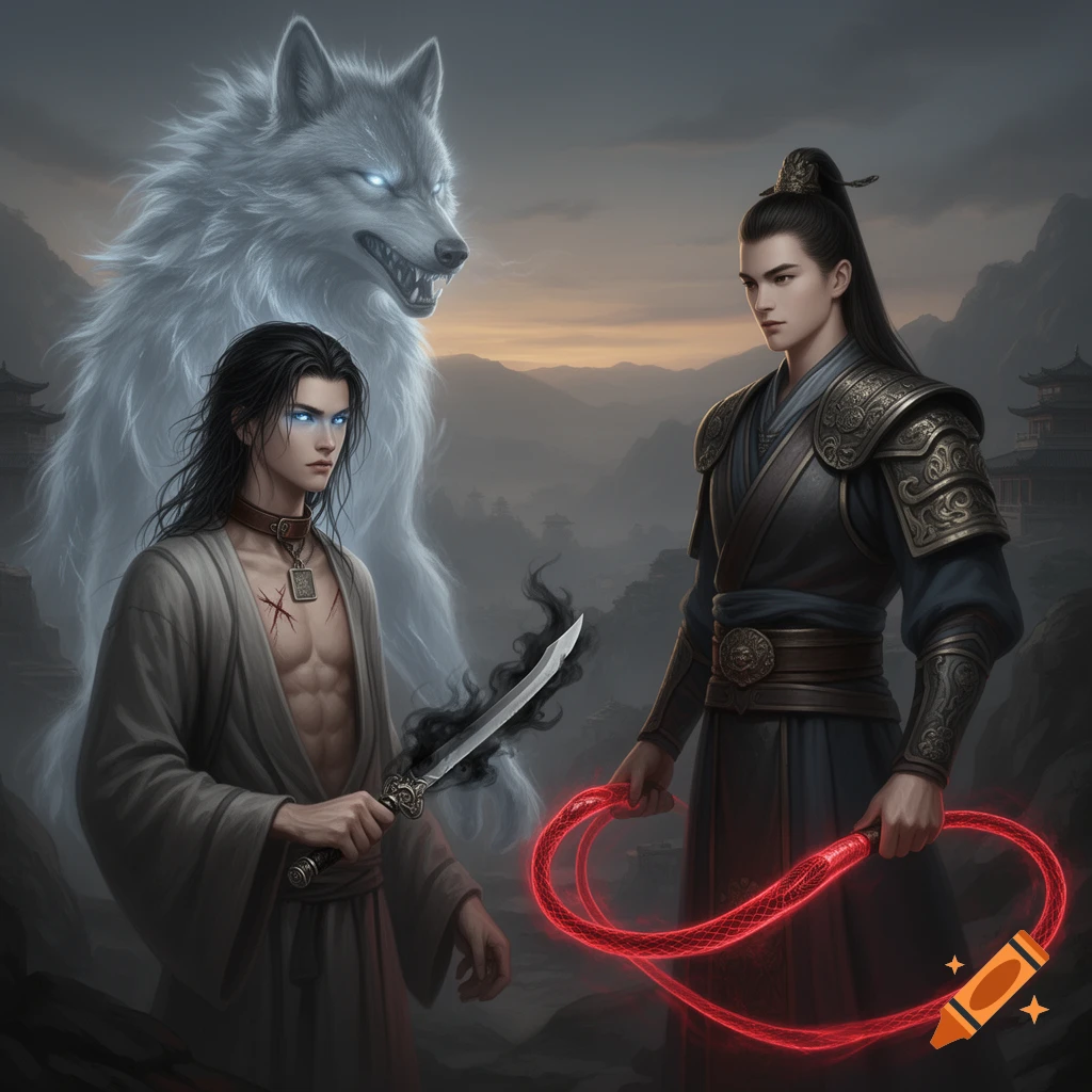 Two men in ancient Chinese attire stand against a misty mountain backdrop. One has a spectral wolf behind him and holds a glowing dagger; the other holds a glowing red whip.