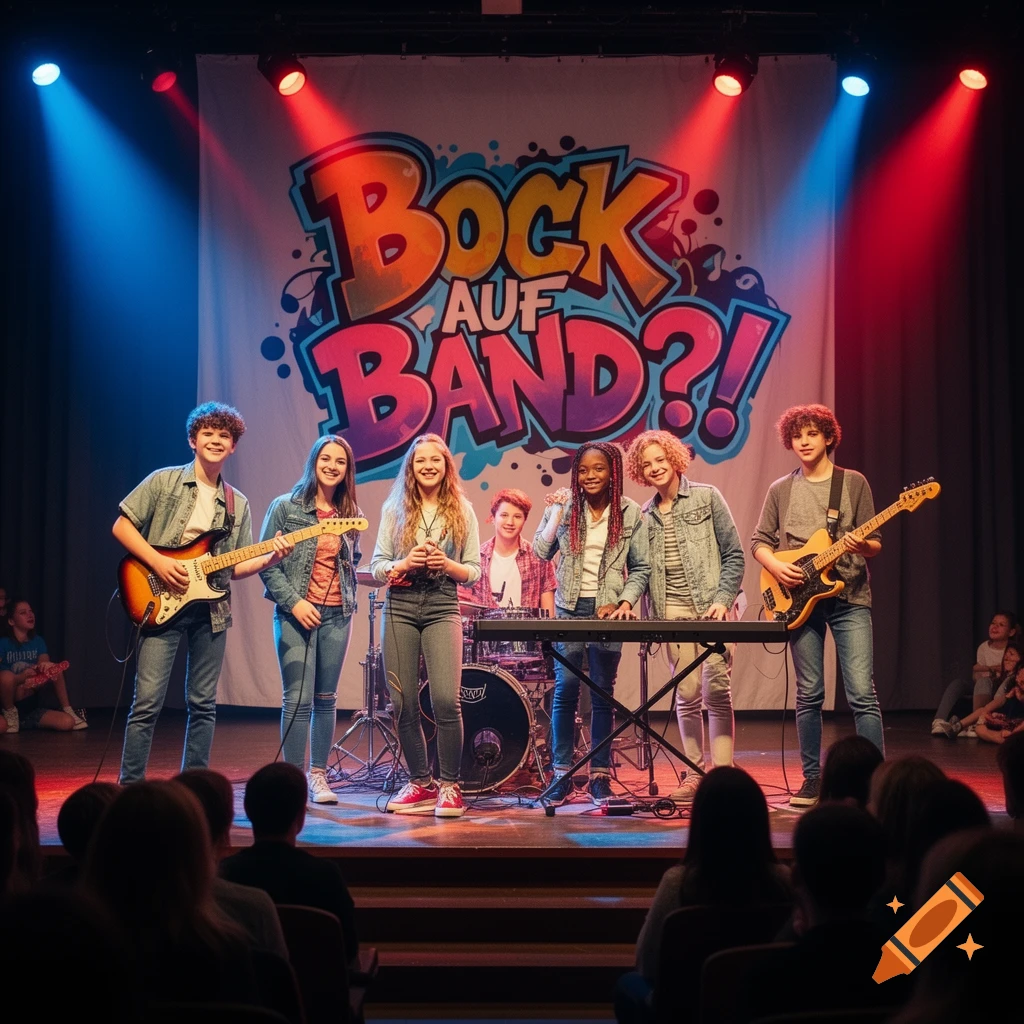 A diverse youth band performs on stage under red and blue spotlights, with a large banner reading "BOCK AUF BAND?!" behind them, viewed from the audience.
