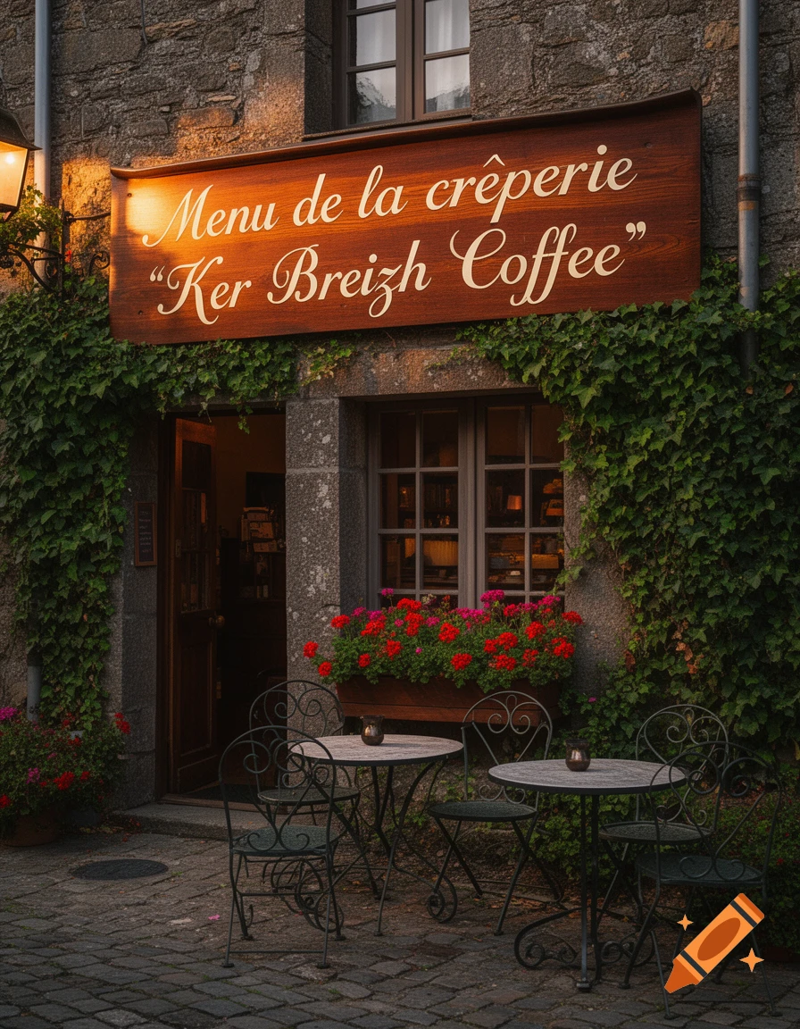 A charming stone building with a wooden sign reading "Menu de la crêperie Ker Breizh Coffee" above the entrance. Ivy climbs the walls, and red flowers bloom in window boxes. Wrought iron tables and chairs sit on a cobblestone patio.