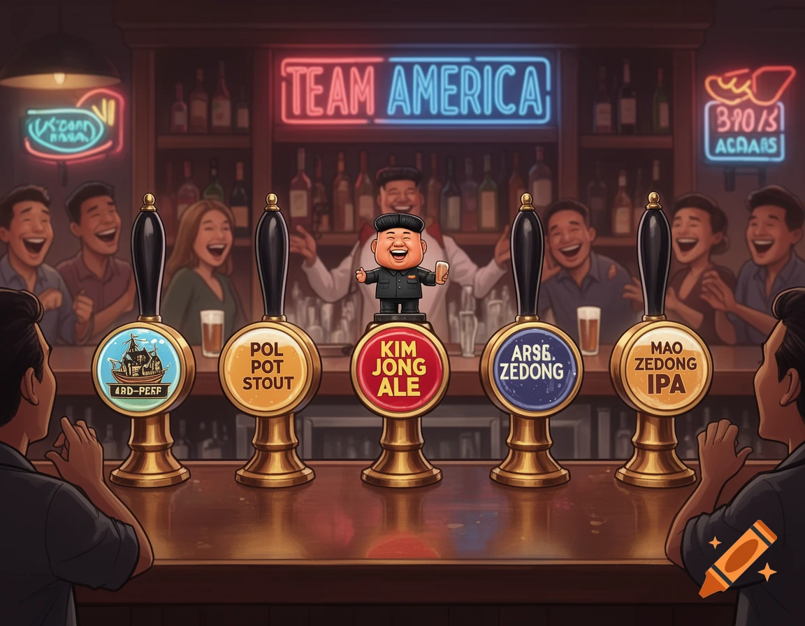 A cartoon bar scene with five beer taps. One tap features a Kim Jong Un figurine, labeled 'KIM JONG ALE'. Other taps include 'POL POT STOUT', 'ARSE. ZEDONG', and 'MAO ZEDONG IPA'. Customers laugh in the background under a 'TEAM AMERICA' neon sign.