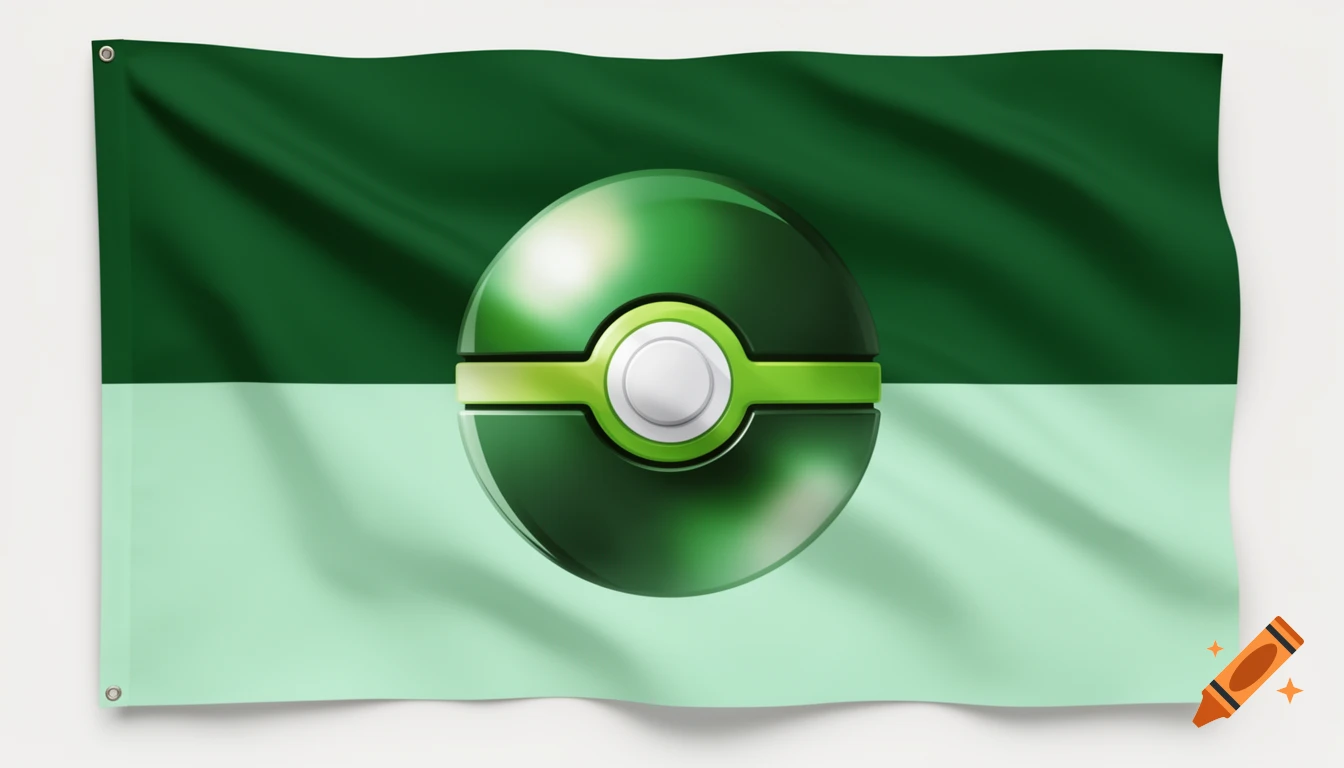 A rectangular flag, dark green on top and light green on the bottom, featuring a glossy green Pokeball in the center.