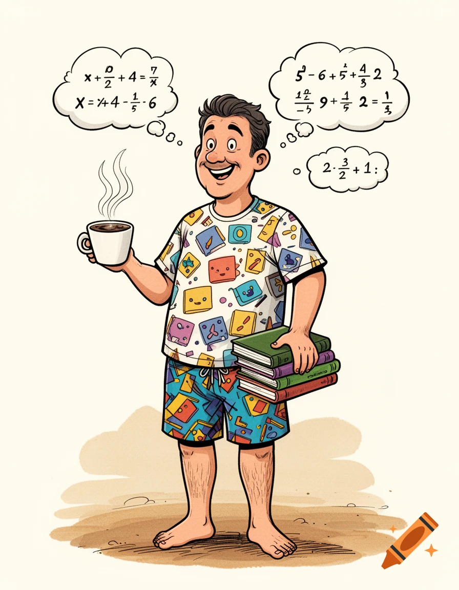 A smiling, cartoon man in a patterned t-shirt and swim shorts, standing barefoot. He holds a steaming coffee cup in one hand and a stack of books in the other, with thought bubbles above his head showing math equations.