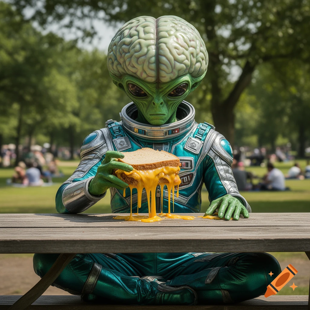 A green, big-brained alien resembling those from Mars Attacks sits at a picnic table, holding a sandwich dripping with melted cheese.