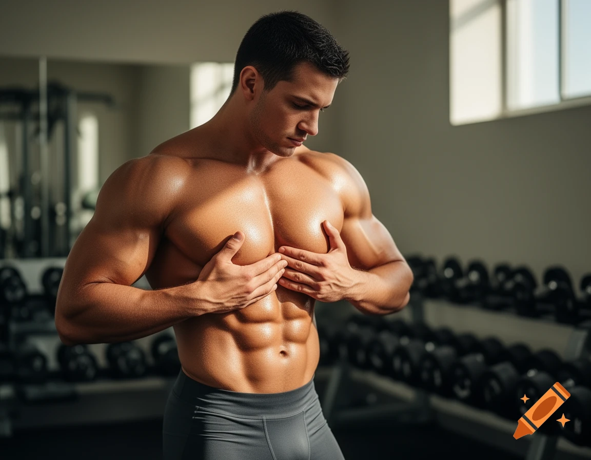 Photorealistic image of a muscular man with a well-defined chest and abs, posing in a gym.