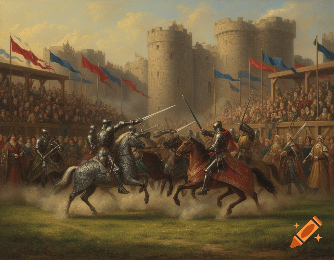 Oil painting of two armored knights on horses jousting in a medieval tournament arena with a large crowd and castle in the background.