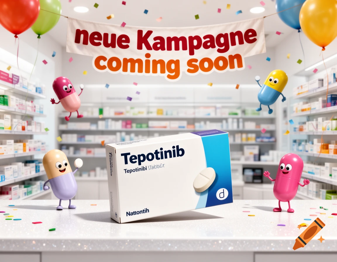 A pharmacy counter features a "Tepotinib" medicine box surrounded by cartoon pill characters, balloons, and falling confetti under a "neue Kampagne coming soon" banner.