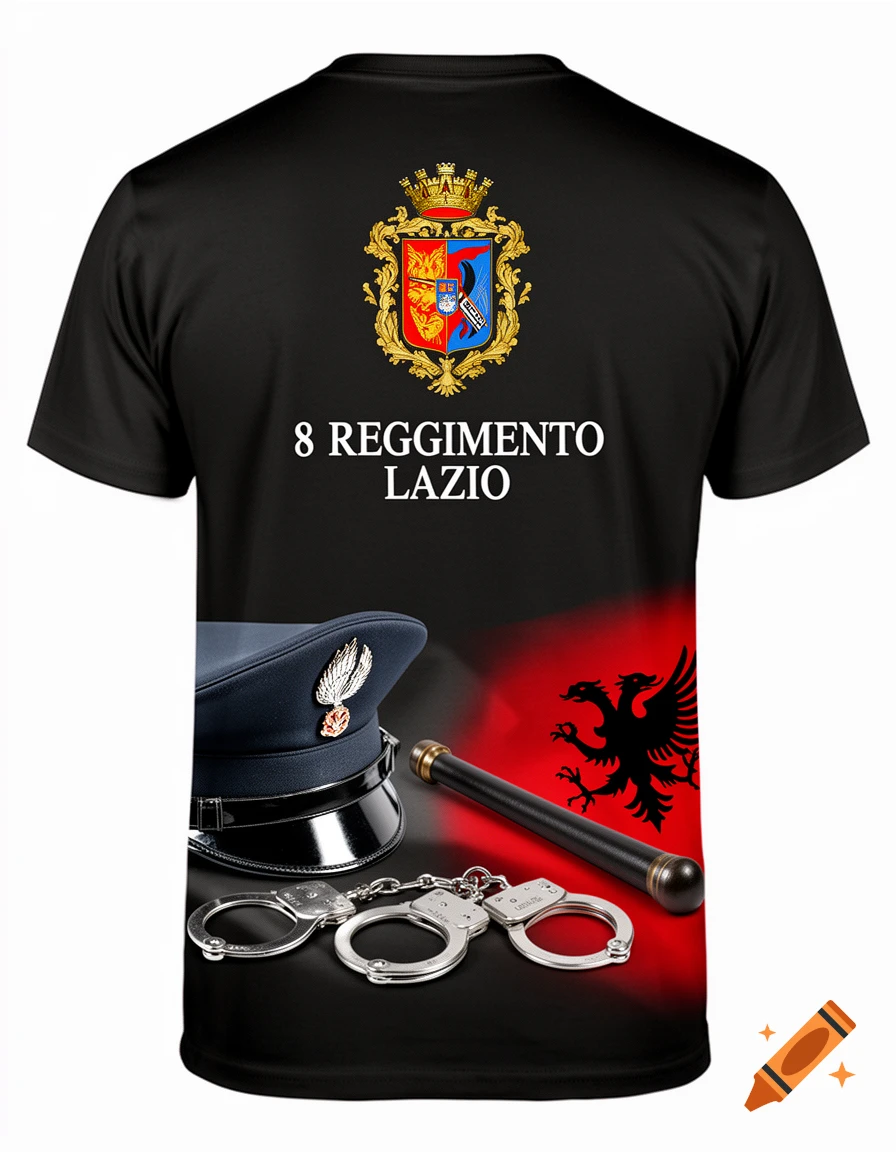 Black t-shirt featuring a golden crest and '8 REGGIMENTO LAZIO' text, alongside a police cap, handcuffs, baton, and the Albanian flag.