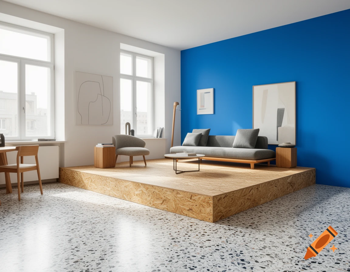 Photorealistic modern living room with a gray sofa on an OSB platform, a terrazzo floor, and a Klein blue accent wall.