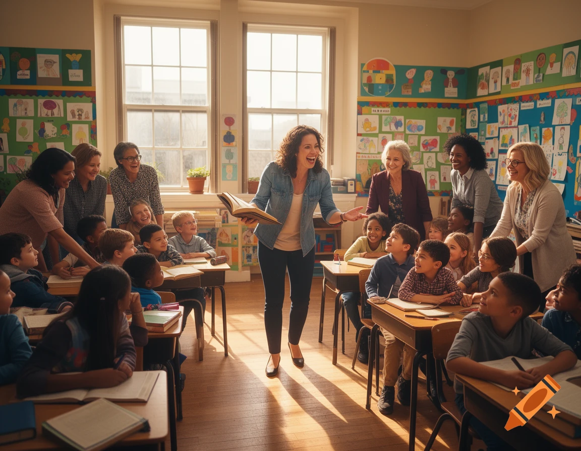 Teachers engage with enthusiastic young students in a sunlit classroom decorated with children's art.