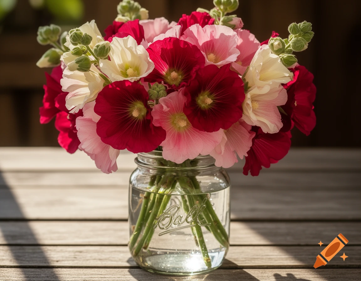A vibrant bouquet of pink, white, and red hollyhocks in a glass Ball mason jar sits on a wooden table, bathed in sunlight.