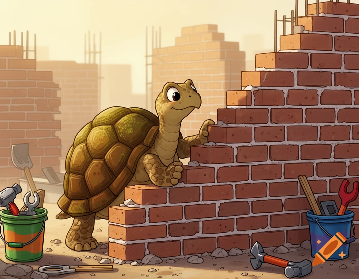 Cartoon turtle constructing a brick wall with tools at a sunny building site.