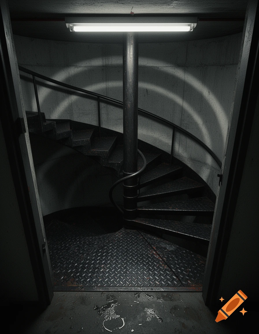 Dark, moody, industrial spiral staircase in a concrete basement, lit by a single overhead fluorescent light.