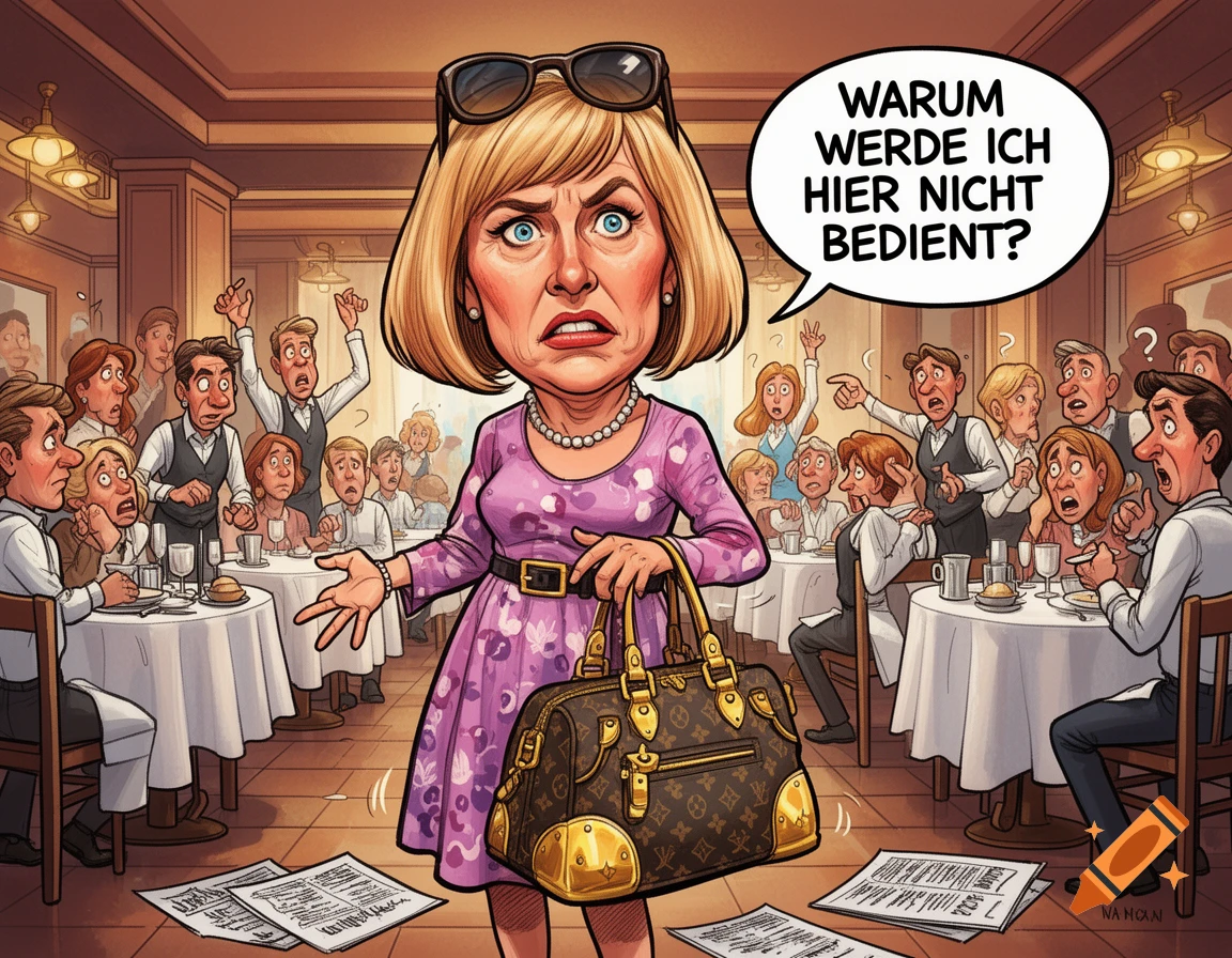 A cartoon caricature of an angry "Karen" stereotype woman in a purple dress, holding a handbag, complaining in a restaurant, with a speech bubble saying "Why am I not being served here?".