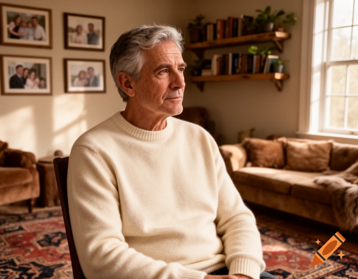 A thoughtful older man with grey hair sits in a cozy living room, looking out a sunlit window.