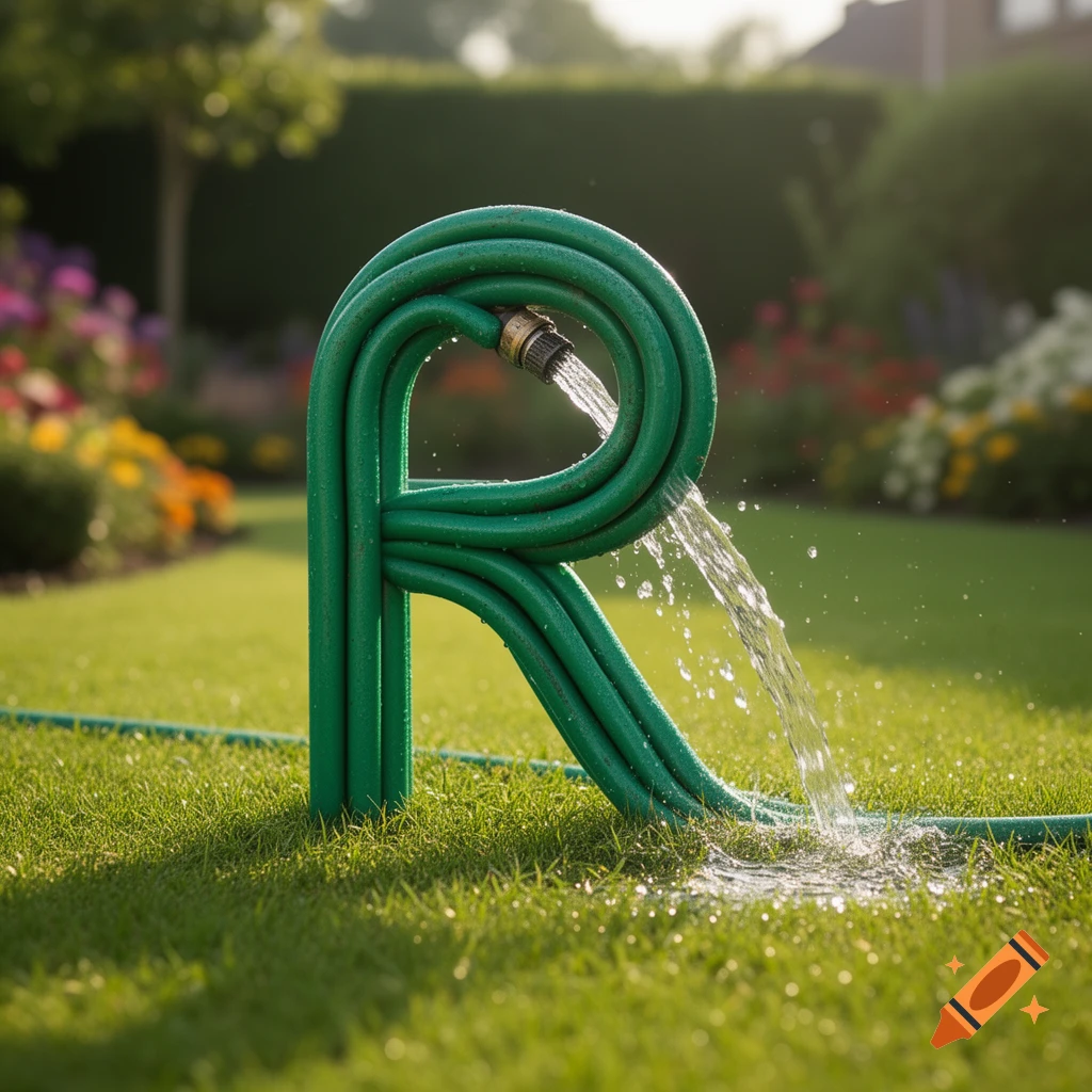A green garden hose forms the letter R, with water spraying from its nozzle into a sunny green lawn.