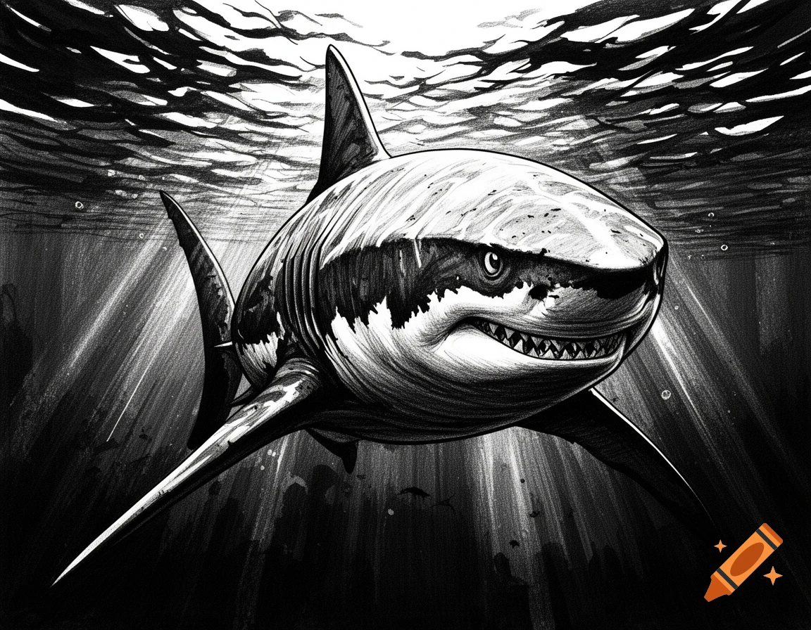 A powerful black and white ink illustration of a great white shark swimming underwater, seen from a low angle.