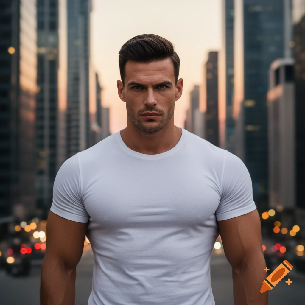 Photorealistic portrait of a muscular man in a white t-shirt standing in a city street at dusk.