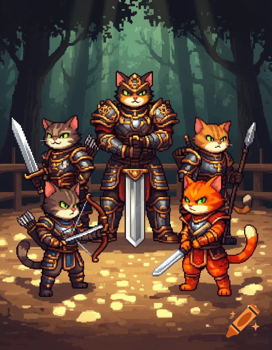 Pixel art of five warrior cats in armor, some with swords, a bow, and a spear, standing in a forest clearing.