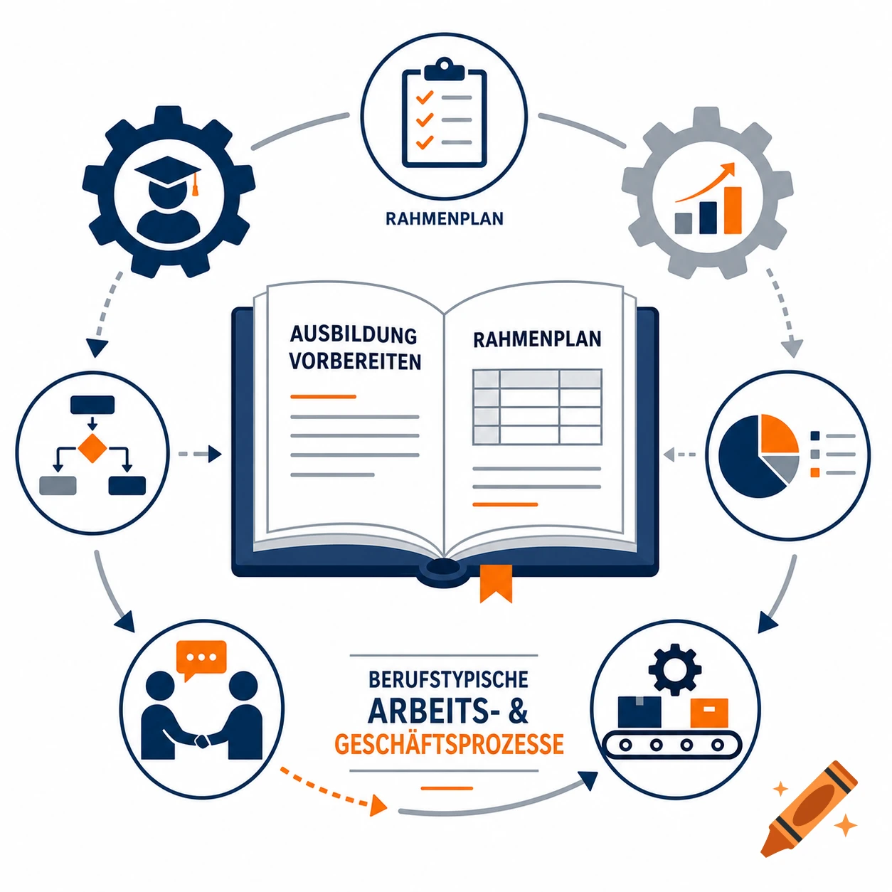 A blue and orange infographic flowchart diagram illustrating education and business processes, featuring icons like a book, checklist, handshake, and gears.