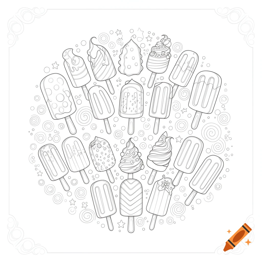 A circular coloring page design with various popsicles and ice cream bars on sticks, in black and white line art.