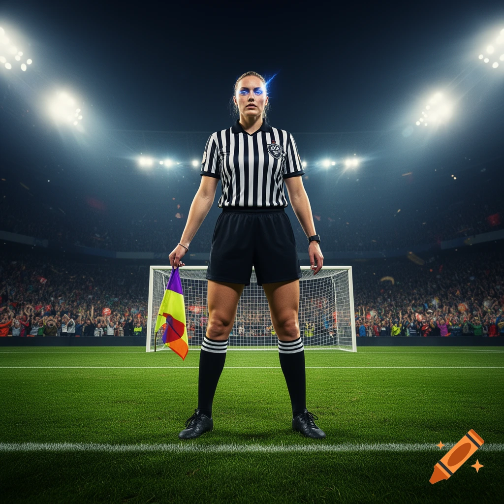 A female soccer referee with glowing blue eyes holds a colorful flag on a green stadium field at night. Photorealistic.