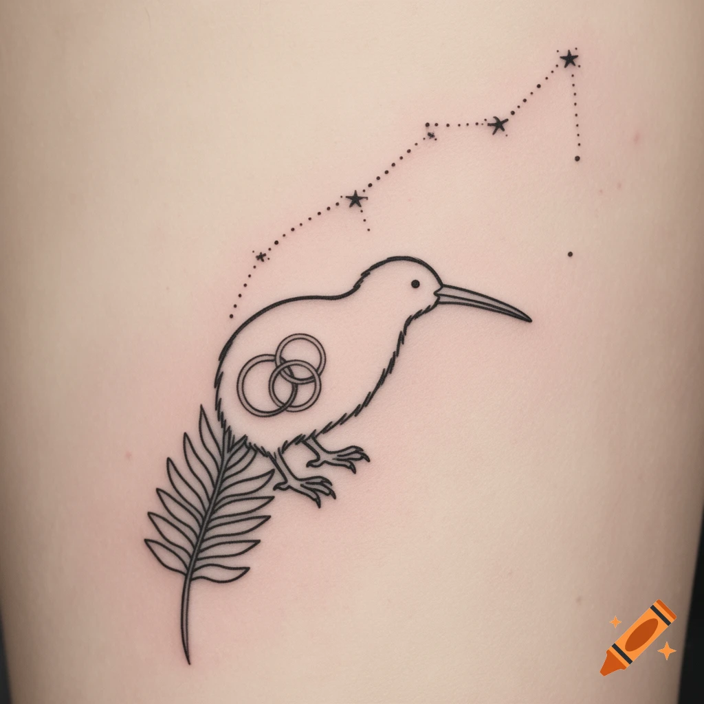 Minimalist line art tattoo of a kiwi bird with interlocking rings, a fern leaf, and a star constellation on light skin.