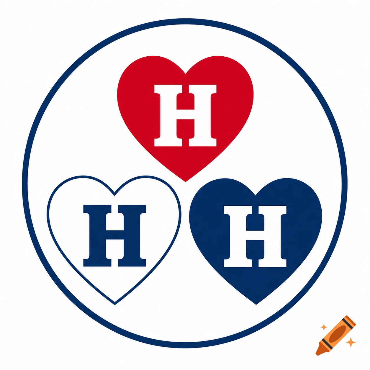 A white circle with a blue outline contains three hearts: one red, one white outlined in blue, and one blue. Each heart holds a capital H.