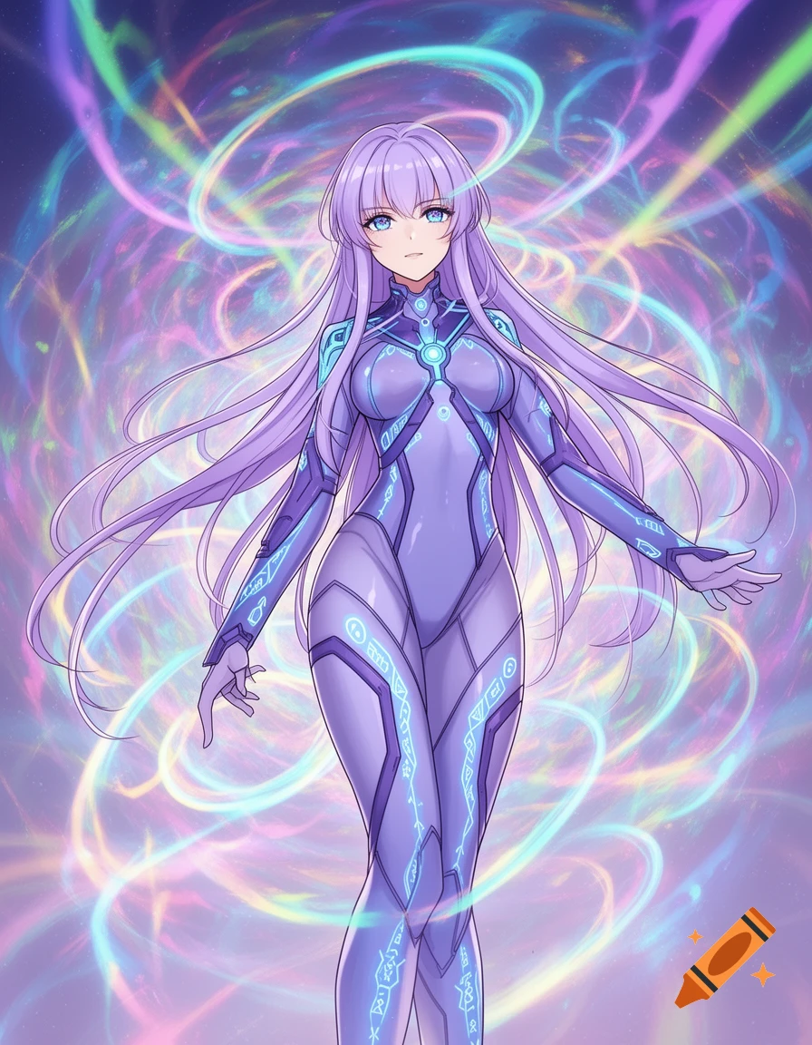 An anime girl with long purple hair in a purple and blue sci-fi suit, surrounded by colorful swirling energy.