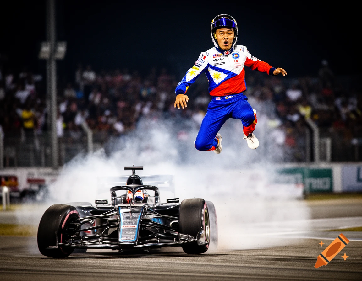 A Filipino racer in a blue, red, and white suit with the Philippine flag jumps high above an F1-style race car on a track at night.