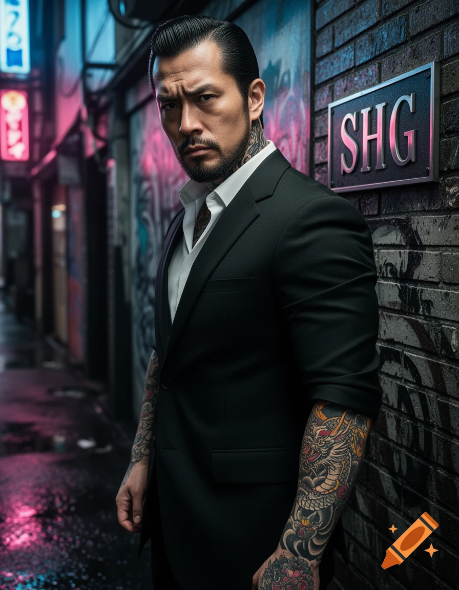 A man with slicked-back hair, a beard, and intricate arm and neck tattoos wears a black suit, leaning against a graffiti-covered brick wall with an 'SHG' sign in a neon-lit alley.
