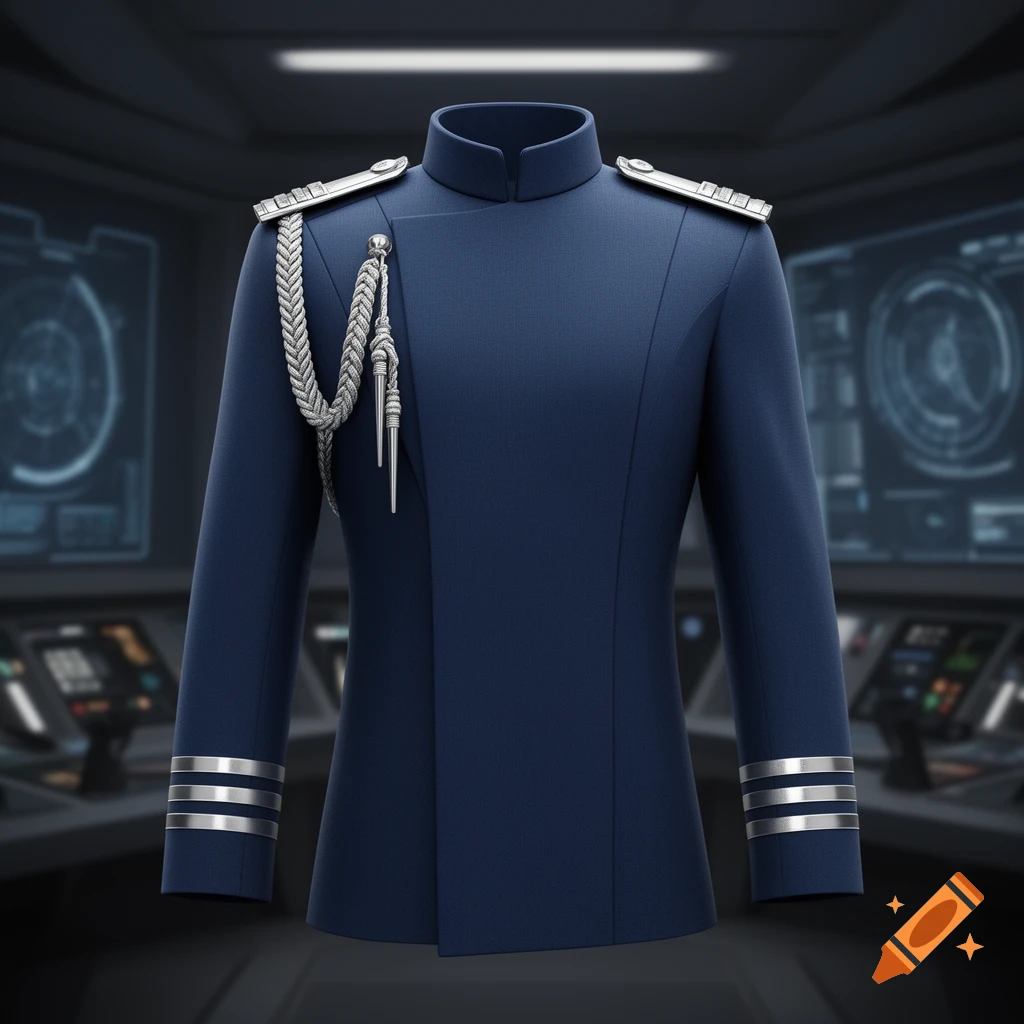 A blue Star Wars republic naval officer's tunic with silver epaulettes, aiguillette, and cuff stripes, in a spaceship bridge.