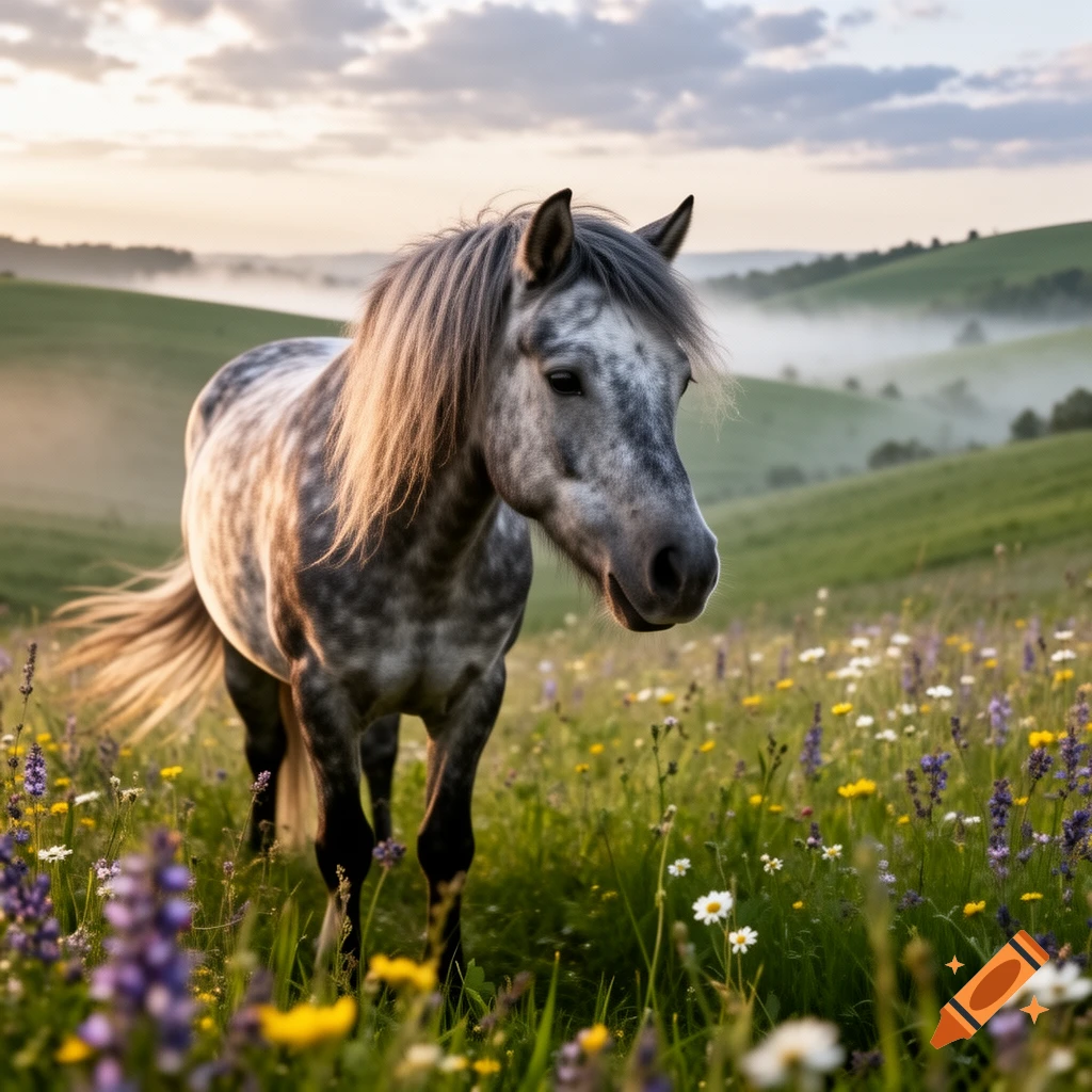 A dappled grey pony stands in a field of colorful wildflowers with misty green hills and a sunrise sky in the background.