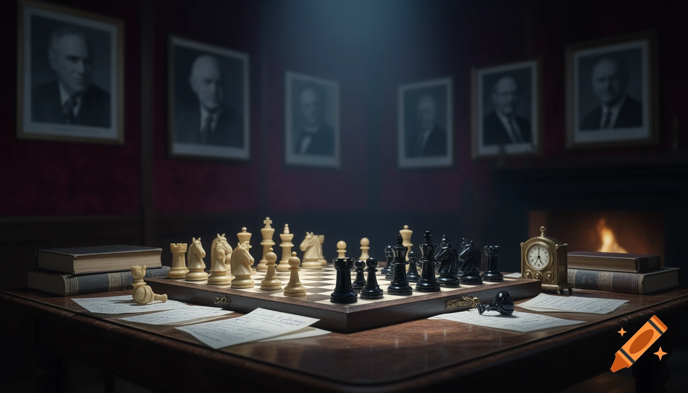 A close-up shot of a chess board with white and black pieces set up on a wooden table in a dimly lit, vintage room, with books, a clock, and papers around it.
