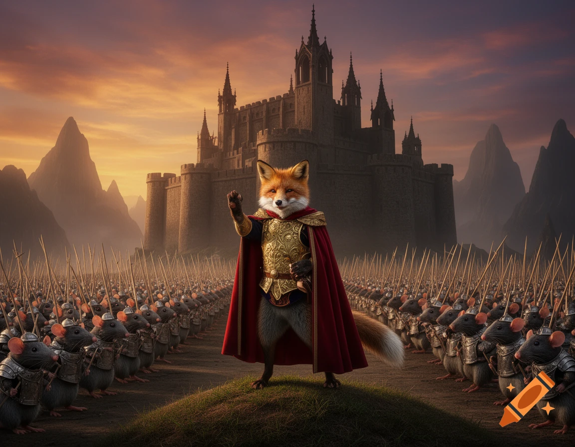 A majestic fox general in golden armor and a red cape stands on a small hill, raising a paw. He leads a vast army of armored rats towards a large, dark citadel under a dramatic sunset sky.