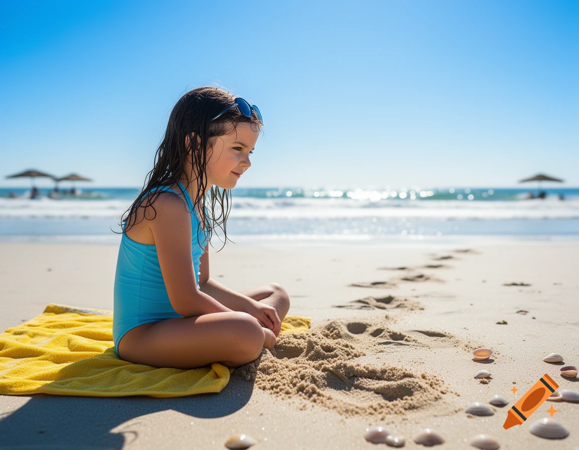 A young girl with wet hair sits on a yellow towel on a sandy beach, looking towards the ocean.