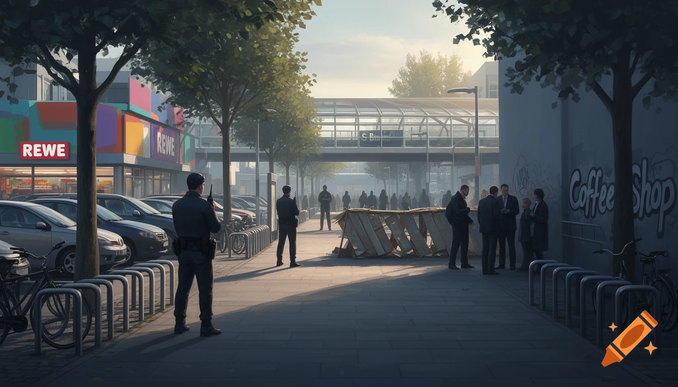 A street scene with security guards, a supermarket, cars, and a train station under a hazy sky. Graffiti reads "Coffee Shop".