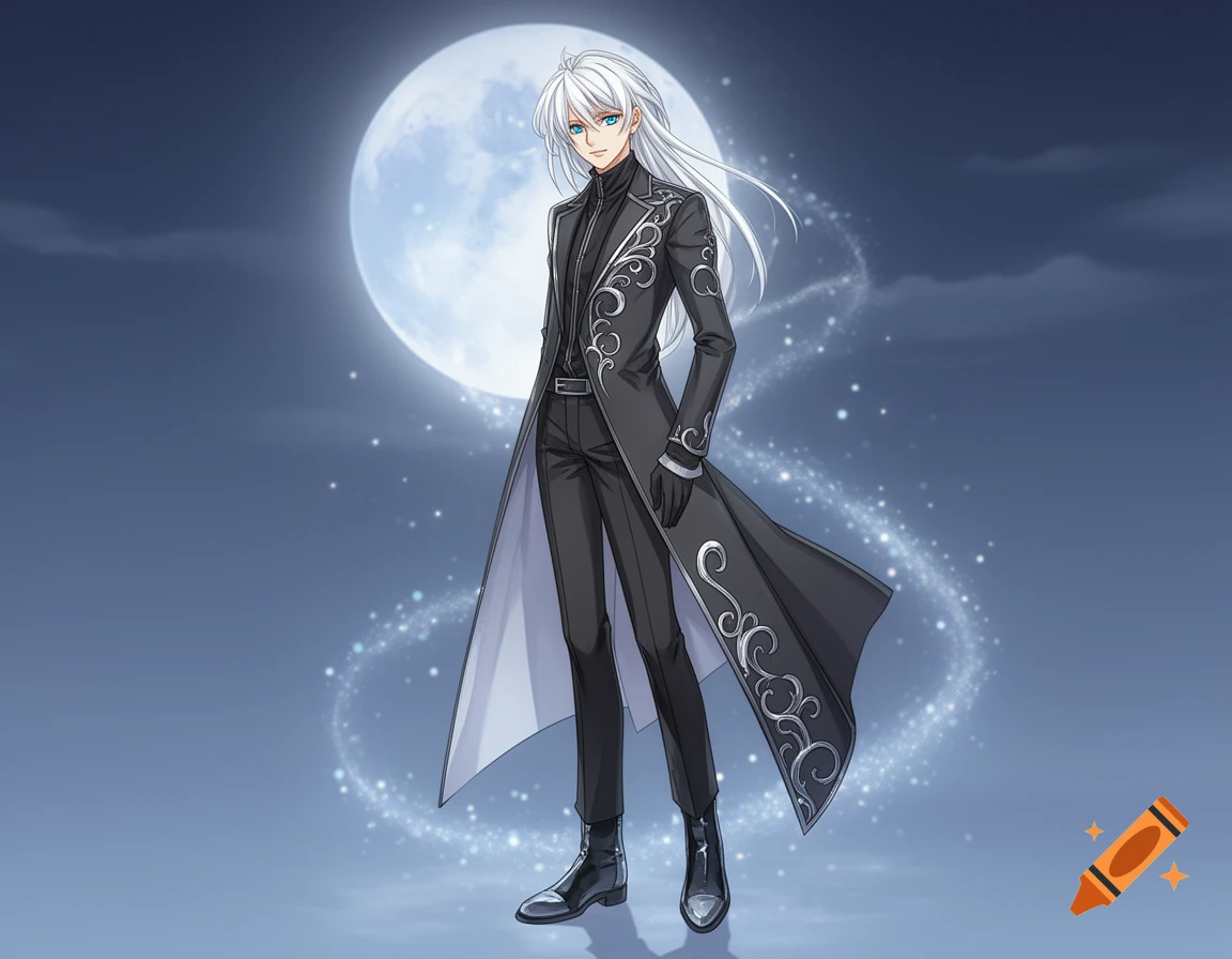Anime man with white hair and blue eyes in a black trench coat stands before a full moon with magical sparkles.