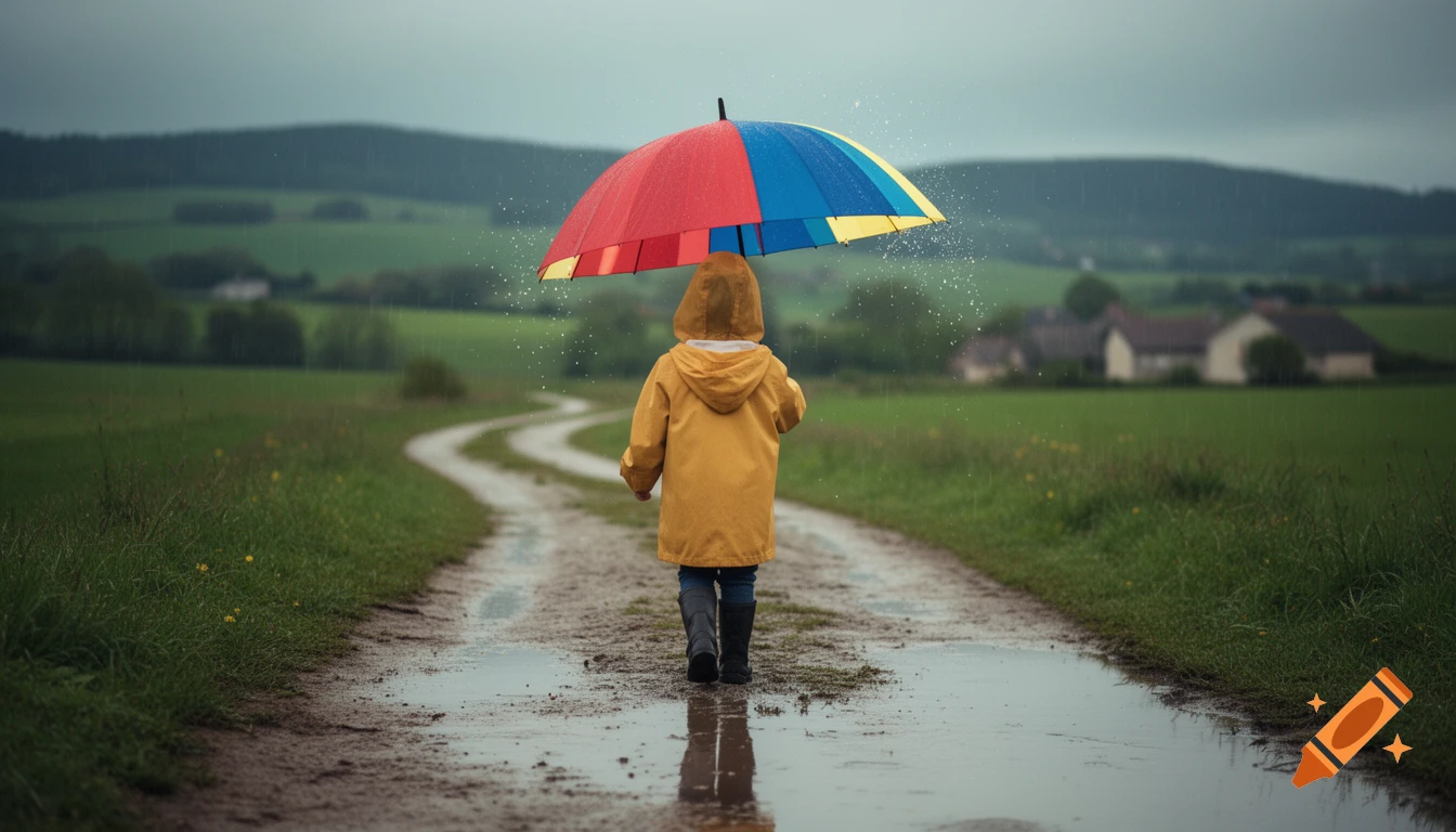 A young child in a yellow raincoat walks down a muddy dirt path under a colorful umbrella in the rainy countryside.
