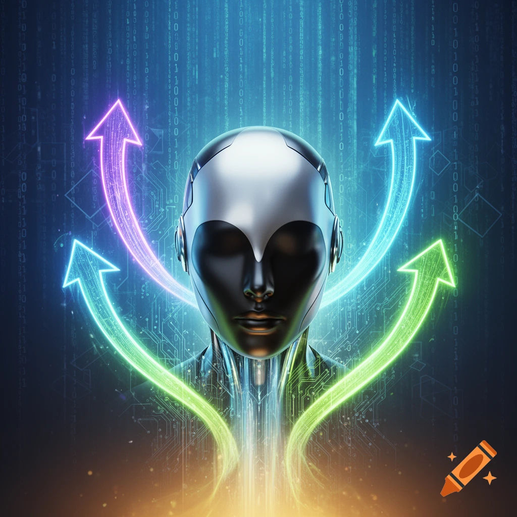 A sleek metallic robot head with glowing neon arrows pointing upwards, surrounded by binary code and circuit patterns on a dark blue and orange digital background.