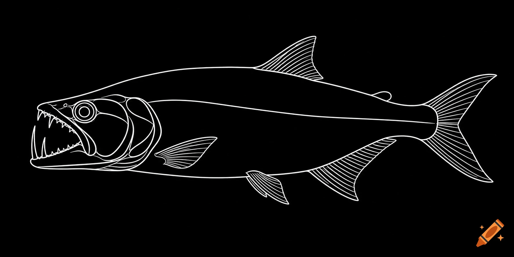 Minimalist white line-art illustration of a payara fish with sharp teeth on a black background.
