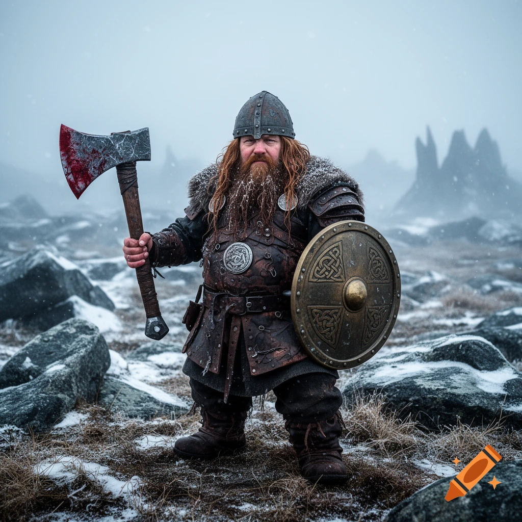 A photorealistic dwarf warrior in Viking armor holds a bloody axe and a shield in a snowy, rocky landscape.