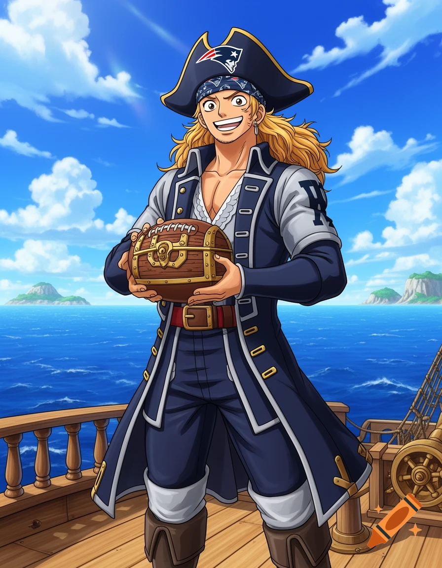 A smiling blonde male pirate in a blue Patriots coat holds a football-shaped treasure chest on a ship deck in anime style.