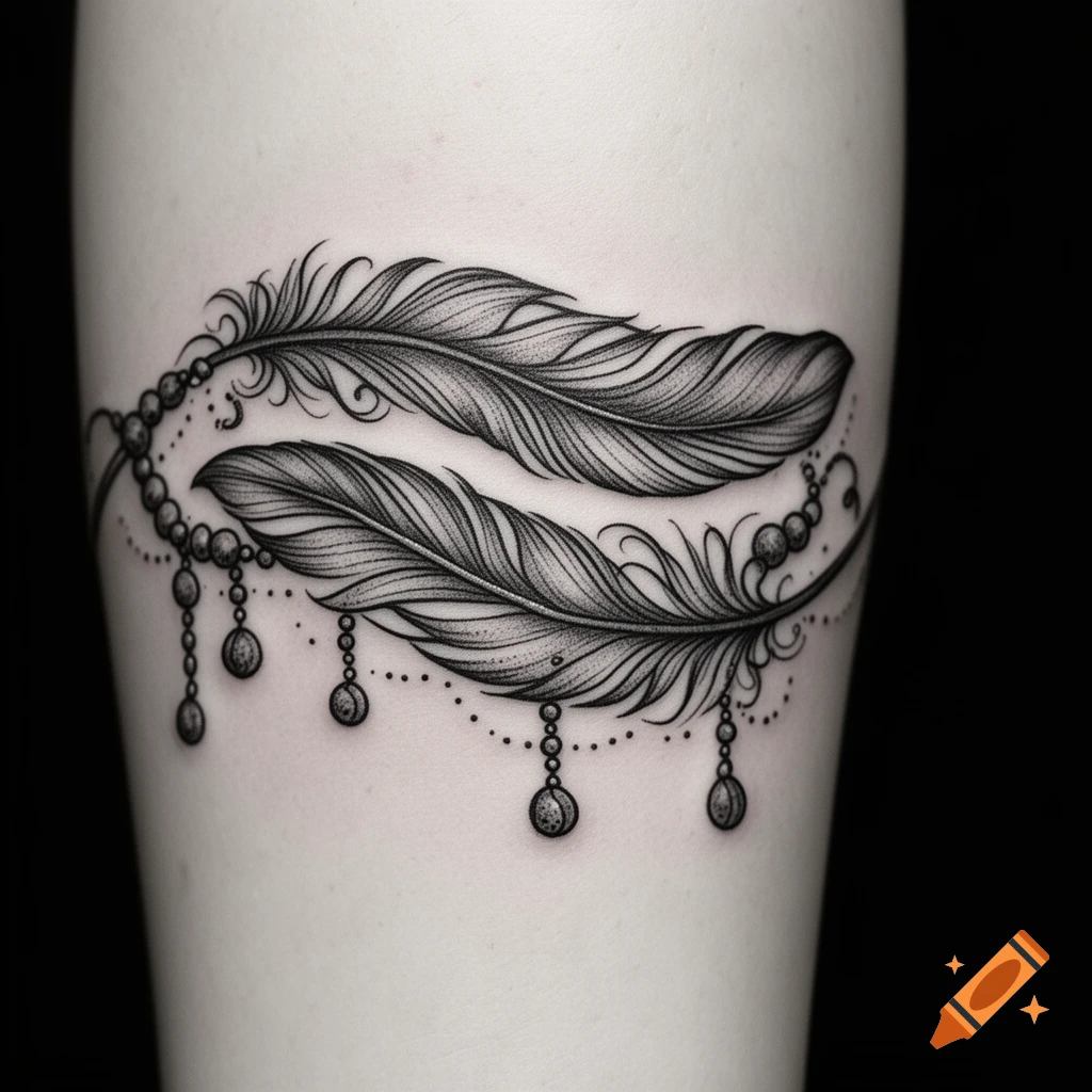 A detailed black and white tattoo of two feathers forming an armband with delicate beads.